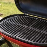 屋外のテーブルに置かれた開いたグリルと2枚の鋳鉄製焼き網