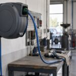 壁掛け式エアホースリールを備えた自動車整備工場
