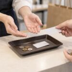 店舗の会計カウンターでトレーを介して硬貨とカードを受け渡す様子