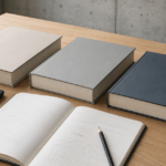 複数の無地の技術書とノート、電卓、コンクリート供試体を机に並べた学習風景