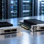 データセンター内で2枚の高速ネットワークカードを並べて比較しているイメージ