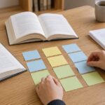 書籍と資料を広げ、付箋を色別に分類している様子