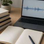 会話の音声波形を表示したパソコンと参考書、ノート、録音機が並ぶ机