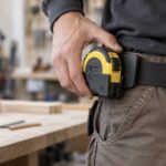 作業ベルトのホルダーにコンベックスを収める職人の手元