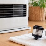 石油ファンヒーターのそばにオイルフィルターと給油タンクを置いたイメージ