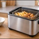 卓上電気フライヤーでポテトと唐揚げを揚げている様子