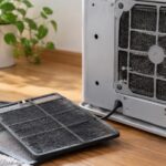 石油ファンヒーターの背面フィルターと交換用フィルターが並んでいる様子