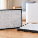 加湿器のそばに2枚の交換用エアフィルターを並べたイメージ