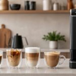 全自動コーヒーマシンと複数のコーヒーやラテを並べたキッチンのイメージ