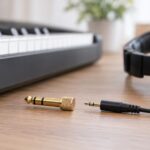 電子ピアノのそばにヘッドホンと大小の変換プラグを並べた様子