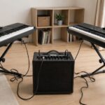 2台の電子ピアノを1台のアンプにつないでいる音楽室のイメージ