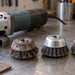 ディスクグラインダーと交換前後のカップワイヤーブラシを作業台に並べた様子