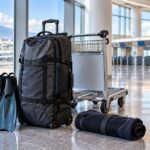 空港でダイビング用キャリーバッグとフィンを運ぶ遠征のイメージ