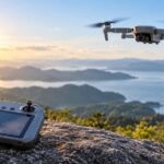 山と湖を背景に、画面付き送信機と飛行中のドローンを写したイメージ