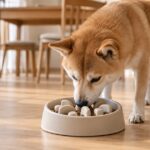 凹凸のある早食い防止皿からドライフードを食べる犬