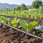 畑の野菜の根元へ点滴灌水チューブで水を届けている様子