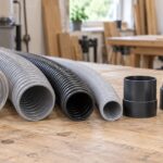 径の異なる集塵ホースと汎用ジョイントを作業台に並べた様子