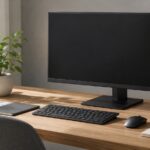 大型モニターとカラーチャートを置いた制作向けデスク