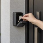 玄関脇のキーボックスへ鍵を収納している様子