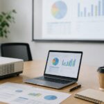 会議室でプロジェクターとノートPCを使って資料を投影している様子
