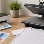 自宅の作業台に昇華転写用のプリンターとプレス機、白いTシャツとマグカップを並べた様子