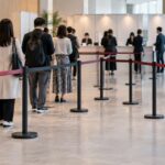 イベント会場でベルトパーテーションに沿って受付を待つ来場者