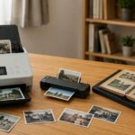 古い家族写真と複数タイプのフォトスキャナーを並べた机