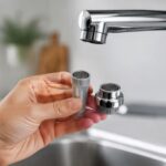 蛇口の前で形状の異なる吐水口部品を比べている様子