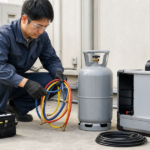 空調設備のそばで回収用ホースとボンベを準備する作業者