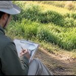 野外で周囲を観察しながらノートに記録する調査者