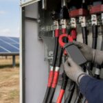 太陽光発電設備の配線をクランプメーターで測定する作業員の手元