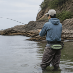 海辺でフライラインバスケットを腰に装着して釣りをする人