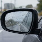 雨粒で後方が見えにくくなった車のドアミラー