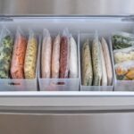 冷凍食品の袋をケースに立てて整理した引き出し式冷凍室