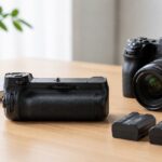 カメラと縦位置バッテリーグリップ、予備バッテリーを机上に並べたイメージ