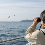 船上から双眼鏡で海鳥を観察している人