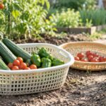 家庭菜園で収穫した野菜を深さの異なるかごに入れた様子