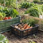 畑で収穫した野菜を通気孔付きコンテナに分けて入れた様子