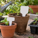 鉢植えや育苗トレーに形の異なる植物ラベルが並ぶ様子
