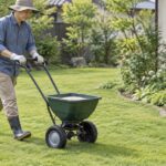 芝生の上で手押し式散粒機を押している園芸作業の様子