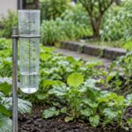 雨上がりの家庭菜園に設置された透明な雨量計
