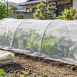 白い寒冷紗で覆われた家庭菜園のトンネルと交換前の古い布
