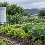 雨上がりの菜園に設置された雨量観測機器のイメージ