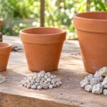 大きさの異なる三つの植木鉢と小粒・中粒・大粒の軽石を並べた様子