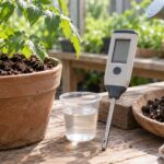 鉢植えの土と抽出液のそばに園芸用測定器を置いた様子