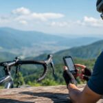 山道で自転車用GPS端末を確認するサイクリスト