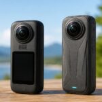 屋外のテーブルに2台の360度アクションカメラを並べた比較イメージ