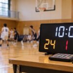 体育館の練習試合でデジタルタイマーと得点表示を使っている様子