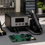 はんだこて、吸取こて、熱風こてを並べた電子機器の修理作業台