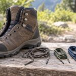 靴紐を外した登山靴と長さや色の異なる交換用丸紐が並ぶ様子